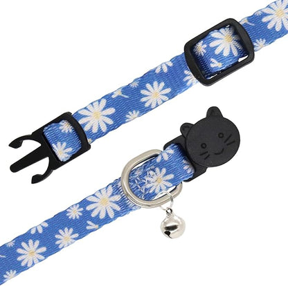 Cat Collar, 2 Pack Breakaway Collar with Bells, Safety Buckle Kitten Collars for Boy and Girl Cats, Blue + Pink Flower