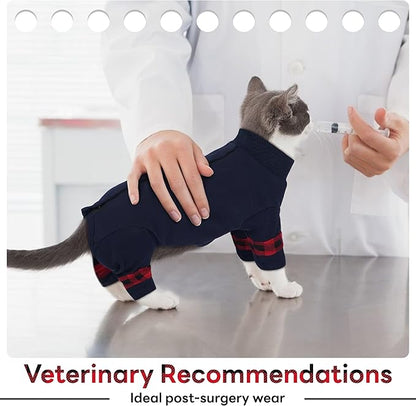 PUMYPOREITY Fur Control Cat Pajamas, Versatile Shirt for All-Day Wear, Soft Stretchy Sweater with Back Snap for Easy Wear, Cat Onsie Prevents Licking Wounds, 2XL, Blue