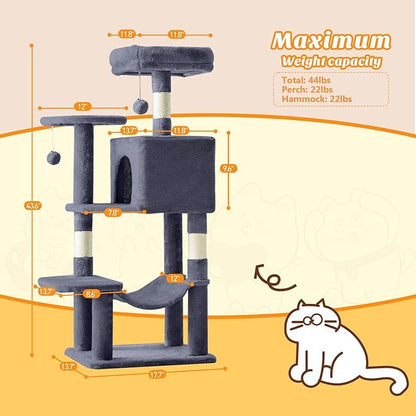 Cat Tree Tower 44 Inch, Small Cat Tower with Condo, Hammock, Sisal Scratching Posts, Extended Perch, Pet Play House for Indoor Kittens and Cats, Grey