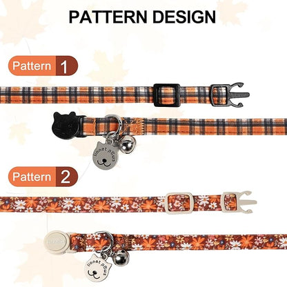 Lionet Paws 2pcs Pack Halloween Cat Collar,Brown Blossoms and Black Brown Grid with Breakaway Buckle,Cute Adjustable Cat Kitten Collar,Ideal for Girl Cats