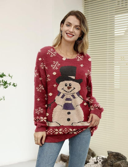 YESNO Women Christmas Sweater Graphic Printed Oversized Pullover Sweaters Casual Loose Knit Tops S01