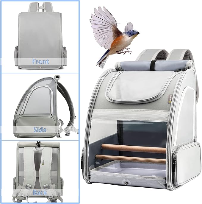 Texsens Bird Carrier Backpack - Pet Travel Cage with Upgraded Tray and Standing Perches, Breathable & Portable, for Small Birds, Green Cheek, Cockatiel, Parrot (Grey)