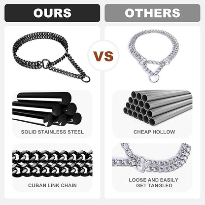 Black Dog Chain Collar Stainless Steel Black Dog Collar Adjustable Walking, Metal Cuban Link Dog Collar Chew Proof Double Row Chain Dog Collar for Large Small Medium Dogs