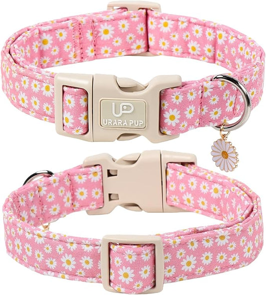 Daisy Dog Collar, Summer Cotton Dog Collar with Quick Release, Gift Pink Collars for Small Medium Large Girls or Boys Dogs Cute Durable Comfortable Pet Collars
