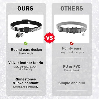 Rhinestone Cat Collar Breakaway with Bell, Diamond Cat Collar with Safety Buckle Quick Release for Girl Boy Small Kitten Pets Puppy,Cute Soft Female Male Cat Collars,Color Pink & Black 8-12"