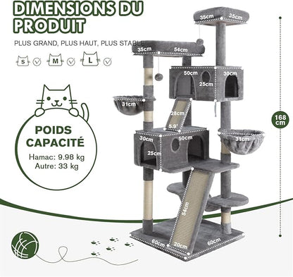 MUTICOR 66 Inches Multi-Level Large Cat Tree Tower for Indoor Big Feline/Cozy Plush Perches/Condo/Sisal Scratching Posts/Hammock and Baskets/Activity Center Play House/Wide Base/Grey