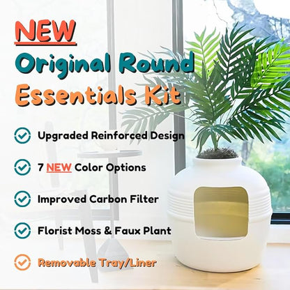 Good Pet Stuff Hidden Litter Box Planter, Decorative Cat Litter Enclosure with Carbon Filter, Artificial Plant, Easy Clean, Removable Liner, Round Style, Essentials Kit, Classic White