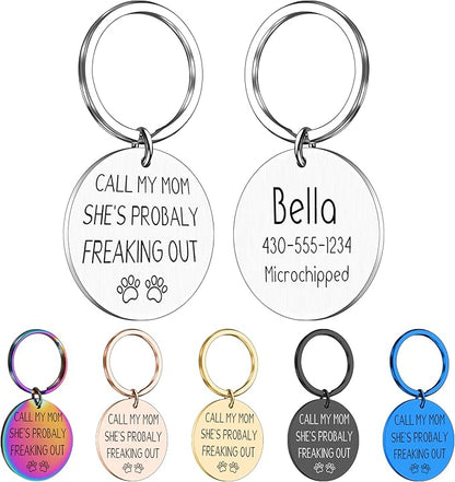Funny Personalized Dog Tag, Customized Dog Collar with Name Tags Plate, Call My Mom! She's Probably Freaking Out,Cute Pet Tag Keychain for Dogs Cats Owner, Pet Name Tag Double Sided Engraved