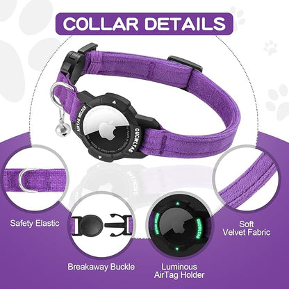 Luminous AirTag Cat Collar Breakaway, OUCWLTAG GPS Cat Collar with Apple Air Tag Holder, Cat Tracker Collars with Safety Elastic Band for Girl Boy Cats, Kittens and Puppies (Purple, 7-10 Inch)