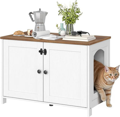 HOOBRO Litter Box Enclosure, Cat Litter Box Furniture with Removable Divider, Hidden Litter Box Furniture, Wooden Cat House, End Side Table, 31" L x 17.5" W x 19.7" H, White and Walnut WH03MW01G2