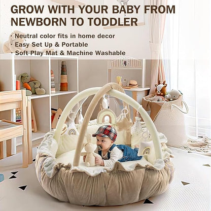 Little Dove 5-in-1 Convertible Baby Play Gym with 6 Toys, Tummy Time Mat for Sensory Development, Baby Activity Center for Newborn & Toddler, Ball Pit, Soft Pet Mat, No Ball Included Cream