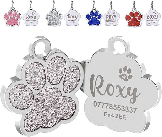 EDSG Cat Dog Tags Personalized for Pets, Dog Name Tags Cat Name ID Tag, Engraved Dog Tags Dog ID Tags Small Glitter Bling ID Tag Paw Print for Cat Pet Dog Puppy(Silver,Design 4)