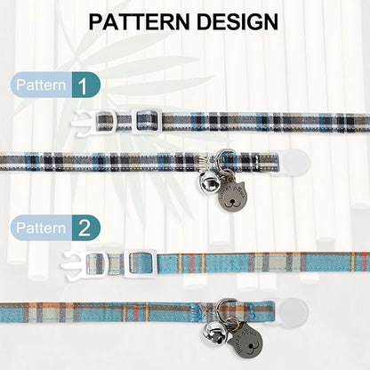 Lionet Paws 2pcs Pack Cotton Cat Collar,Breakaway Buckle with Blue Grid and Brand Pendant Cute Adjustable Cat Kitten Collar,Ideal for Girl Cats Boy Cats