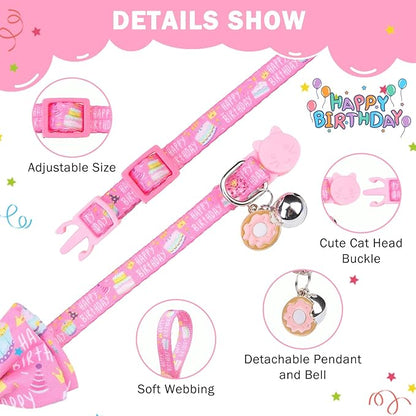 SCENEREAL Cat Bandana Collar for Birthday - 2 Pack Breakaway Kitten Collars With Bell Bowtie, Accessories for Pets, Adjustable Cute for Cats and Small Dogs Boys Girls, (Pink)