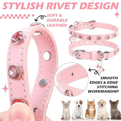 EXPAWLORER Leather Cat Collar for Girl Boy- Adjustable Pet Collar with Safety Elastic Belt,Personalized Rhinestone Accessories Buckle Collars with Bell & Durable D-Ring,Rhinestone (Pink)