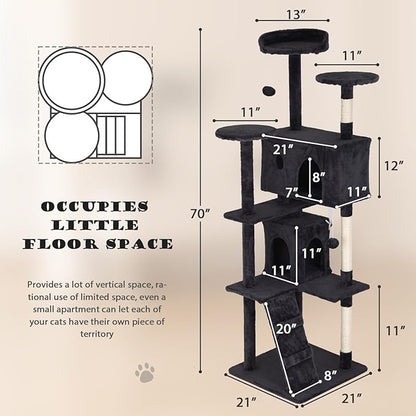 Heavy Duty Cat Tree Tower, 70" Tall Cat Tower for Indoor Cats with Cat Scratching Post with Bed, Cat Condo, Hanging Ball, Multi-Level Cat Climbing Tower Cat Trees Furniture Activity Center, Dark Grey