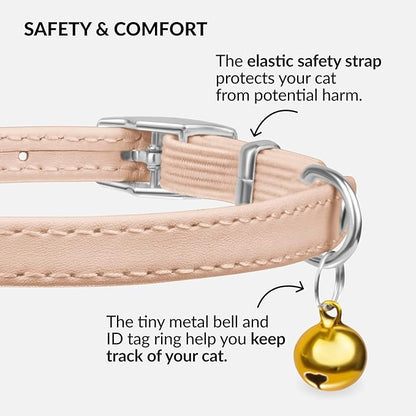 CollarDirect Leather Cat Collar with Bell - Kitten Collar, Small and Big Cat Strap for Boy Cats, Girl Cats with Safety Elastic Strap (Neck Fit 8"-11", Beige)