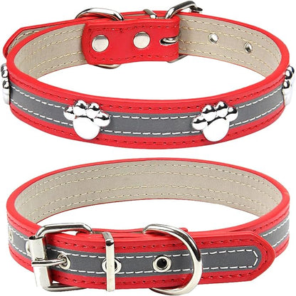 PETCARE Reflective Dog Collar with Cute Paw Rivet Studded Funny Soft PU Leather Adjustable Puppy Dog Collars for Small Medium Large Dogs Cats (Red,XX-Large)