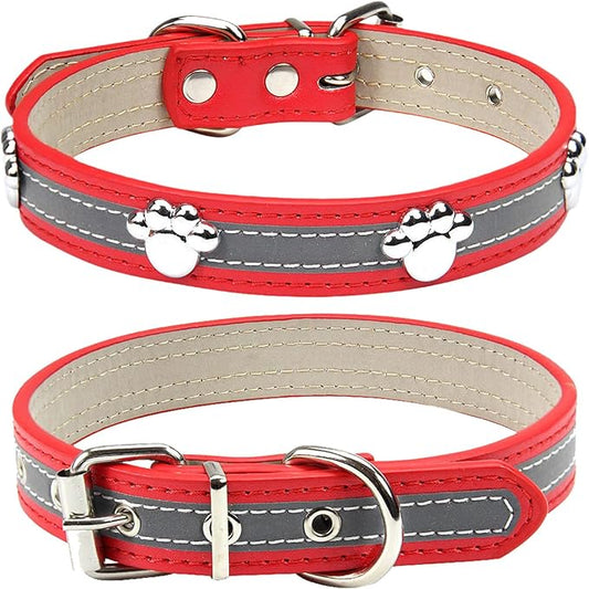 PETCARE Reflective Dog Collar with Cute Paw Rivet Studded Funny Soft PU Leather Adjustable Puppy Dog Collars for Small Medium Large Dogs Cats (Red,Large)