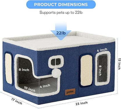 Extra-Wide Cat House for Indoor Cats - Large Cat House for Pet with Fluffy Ball Hanging and Scratch Pad, Foldable Cat Hideaway for Multi Cats, 23x16.5x13 inches, Navy