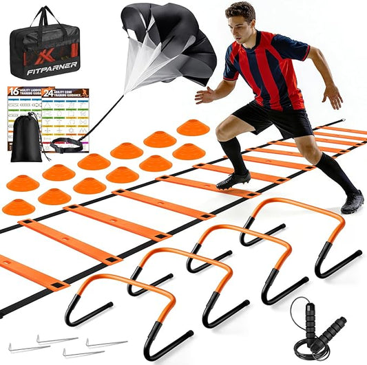 Agility Ladder, Soccer Football Training Equipment Set - 20ft Speed Ladder, 4 Hurdles,Parachute, 12 Cones & Jump Rope | Agility & Speed Training for Kids Youth Adults,Basketball & Football Accessories