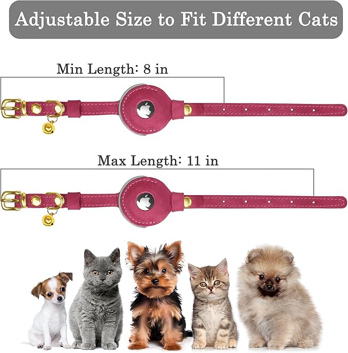 OOPSDOGGY Reflective Leather AirTag Cat Collar with Bell - Non Breakaway Adjustable Pet Collar with Apple Air Tag Holder - Lightweight GPS Kitten Collars for Small Dogs Puppy (Fuchsia)