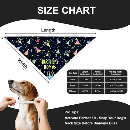 Dog Birthday Bandanas, 2-Pack Reversible 4 Patterns for Medium Large Dogs - Black Boy & White Girl Birthday Scarf, Party Outfit Gift for Pups (14-18" Neck)