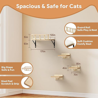 17" × 13" Large Cat Wall Shelves- Wall Climber Wooden Furniture Cat Shelf with Cushion and 3 Wide Perch Steps for Large Cats and Kittens Sleeping, Playing, Climbing