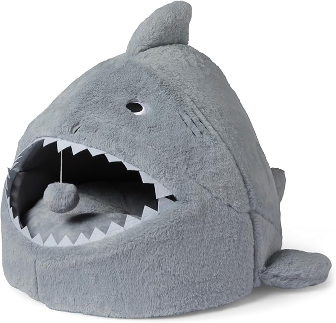 Amazon Basics Cat House Shark Shape Cat Cave Bed for Indoor Cats, Cat Tent with Washable Cushioned Pillow, Kitten Lively Bed, 17x16x14 in,Grey