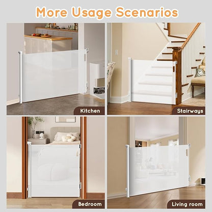 Retractable Baby Gate for Stairs, 55" Wide Mesh Pet Gate, Automatic Tension, One-Hand Operation, 38" Tall Baby Gates for Doorways, Hallways, Deck, Indoor Outdoor, Safe, Easy to Fit, White