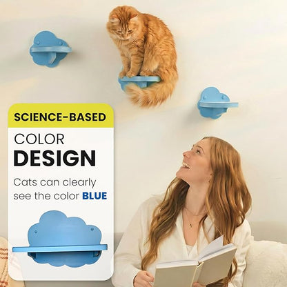 Cat Wall Shelves for Large Cats – 4-Piece Wall Mounted Cat Furniture Set, Floating Climbing Shelves & Stairs, Sturdy 30+ lb Support, Modern Vertical Wall System (Cloud Blue)