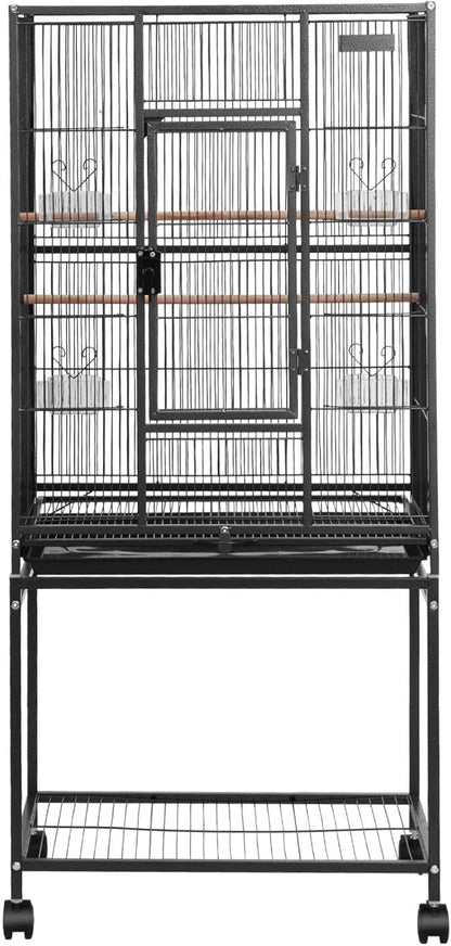 VEVOR Bird Cage, 24.6 x 16.7 x 53.9 inch, Flat Top, Wrought Iron Bird Flight Cage with Perches, Slide-Out Tray and Plastic Feeders, Casters, for Parrot, Blue Tit, Cockatiel, Canary, Budgerigar, Conure