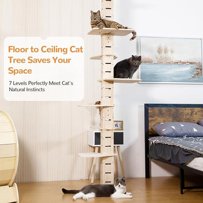 COZIWOW Floor to Ceiling Cat Tree Tower for Indoor Large Cats, 7 Tier Tall Cat Climbing Pole with Adjustable Height (98-114 inches), Modern Climbing Tower, Wood