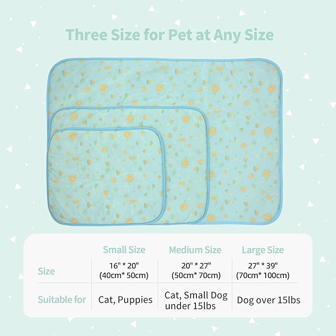 NWK Pack of 4 Pet Cooling Mat - Ice Silk Cooling Mat for Dogs & Cats Portable & Washable Pet Cooling Blanket, Car Seats, Beds for Summer (4pcs, Green Fruit, 20’’ X 16’’ X 0.3)