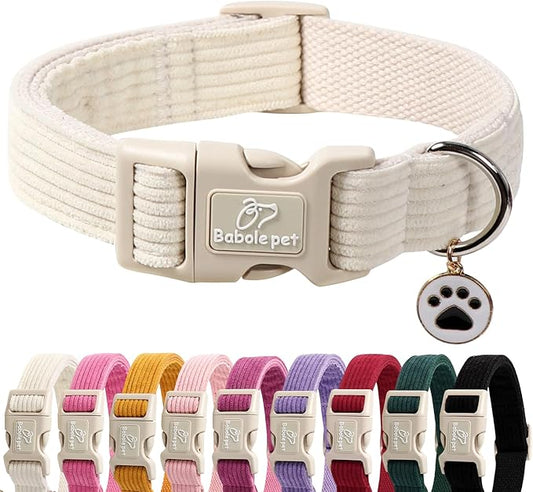 Cute Corduroy Dog Collar - White Adjustable Dog Collars for Medium Dogs 25-50lbs, Fade-Proof with Secure Snap & Little Charm, Christmas Birthday Gift, M