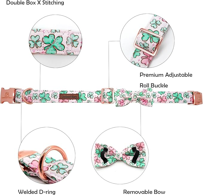 Lionheart glory Dog Bow Collar St. Patrick's Day Dog Collar for Large Dogs, Adjustable Green Collars Lucky Clover Shamrock Dog Collar with Bowtie Pet Collar Bows