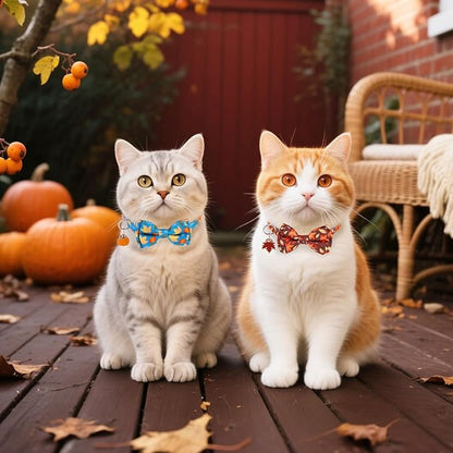 Breakaway Cat Collar Thanksgiving 2 Pack - Fall Pumpkin & Turkey Bow Tie with Bell, Safe Adjustable Kitten Collars for Holiday, Fits Cats and Small Puppies