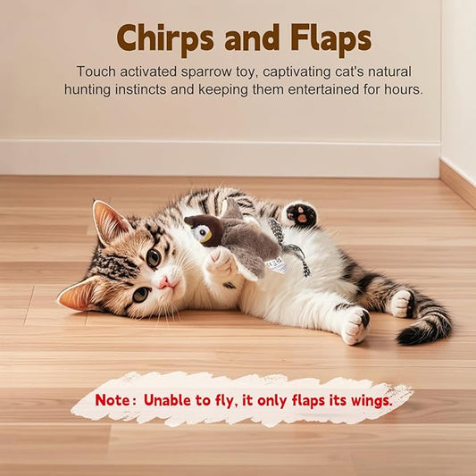 Chirping Bird Cat Toy - Interactive Flapping Bird Cat Toy for Indoor Cats, Simulated Rechargeable Flappy Sparrow with Catnip Pouch
