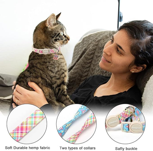 DOGWONG 2 Pack Easter Day Cat Collar Breakaway,Safety Adjustable Easter Plaid Rabbit Cat Collars with Bell for Kitten