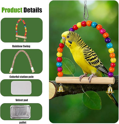 Portable Parrot Travel Cage Carrier with Small Swing Toy&Cage Colorful Toys Set Small Bird Parakeet Bag with Standing Perch Bird Carry Transport Bag (Black, Backpack/Swing)