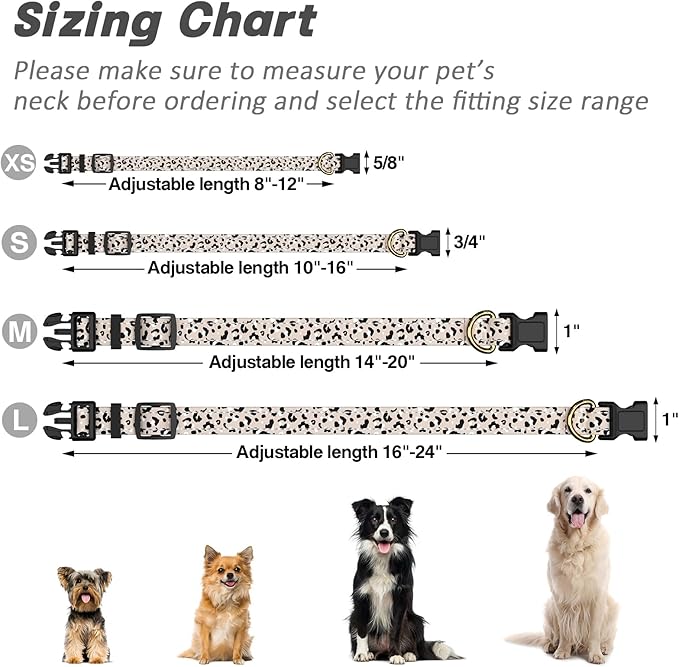 Reflective Dog Collar for Medium Dogs, Cute Leopard Style Adjustable Heavy-Duty Nylon Puppy Collar for Boy and Girl Female, Soft Pet Accessories with Quick Release Buckle, Beige