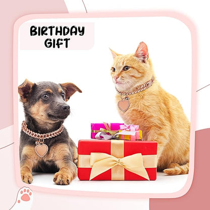 Hillban Dog Chain Gold-Plated Diamond Collar with Heart Rhinestones Jewelry Pet ID Tag Chain Bling Puppy Collar with Personalized Name Tag for Small Medium Large Dog Cat(Rose Gold,16 Inch)
