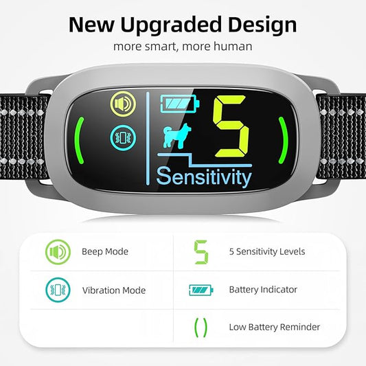 Dog Bark Collar for Large Medium Small Dogs, Rechargeable Smart Bark Collar, Anti Barking Training Collar with 5 Adjustable Sensitivity Beep Vibration (Grey)