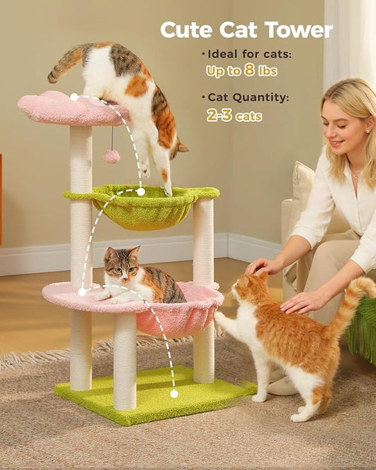 Flower Cat Tree with 2 Large Hammocks, 37.4" Small Cat Tower for Indoor Kitty with 6 Scratching Posts, Cute Cat Tree with Flower Top Perch, Pink