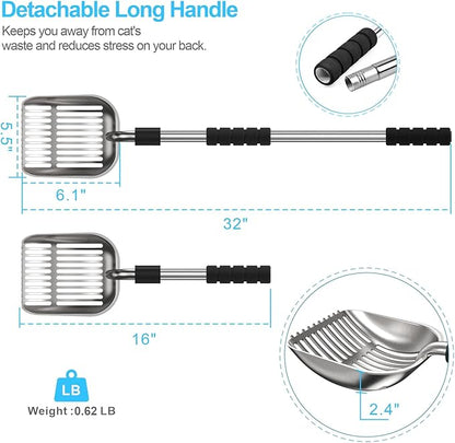 Depets Cat Litter Scoop, Metal Litter Scooper with Deep Shovel, Detachable Long Handle Cat Litter Sifter with Holder, Large Durable Cat Litter Shovel with Foam Pad Grip for Easy Sifting
