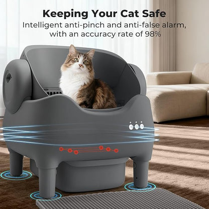 Automatic Cat Litter Box: Self Cleaning Litter Box for Multiple Cats, 10L Waste Drawer with Ultra Quiet Operation, Open Top Design for Multi-Cat Households, Grey
