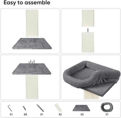 AGYM Cat Scratching Post, 32”Cat Scratcher with Large Plush Perch, Sisal & Carpet Scratching Post, Vertical Posts with Elevated Bed for Indoor Cats, Removable& Washable Cover, Grey