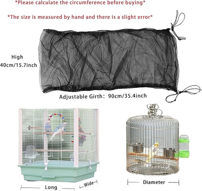 Bird Cage Cover, Parakeet Cage Acessories Adjustable Seed Catcher Birdcage Seed Catcher Birds Cage Netting Bird Cage Mesh Cover for Bird Cages (Black)