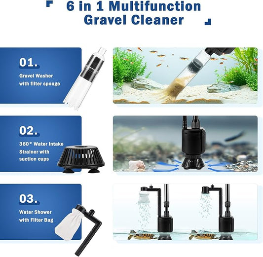 AQQA Aquarium Gravel Cleaner Kit, 6 in 1 Electric Fish Tank Vacuum Cleaning Tools Water Changer, Multifunction Wash Sand Filter Water Circulation 20W 320GPH 110V