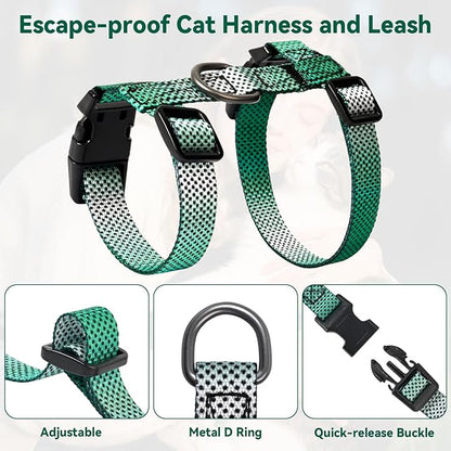 Cat Harness and Leash Set, 3-in-1 Escape Proof Adjustable, Comfortable Soft Lightweight, Safe, Easy to Wear, Walking Travel Kitten Harness for Small Medium Large Cats (Light Green)